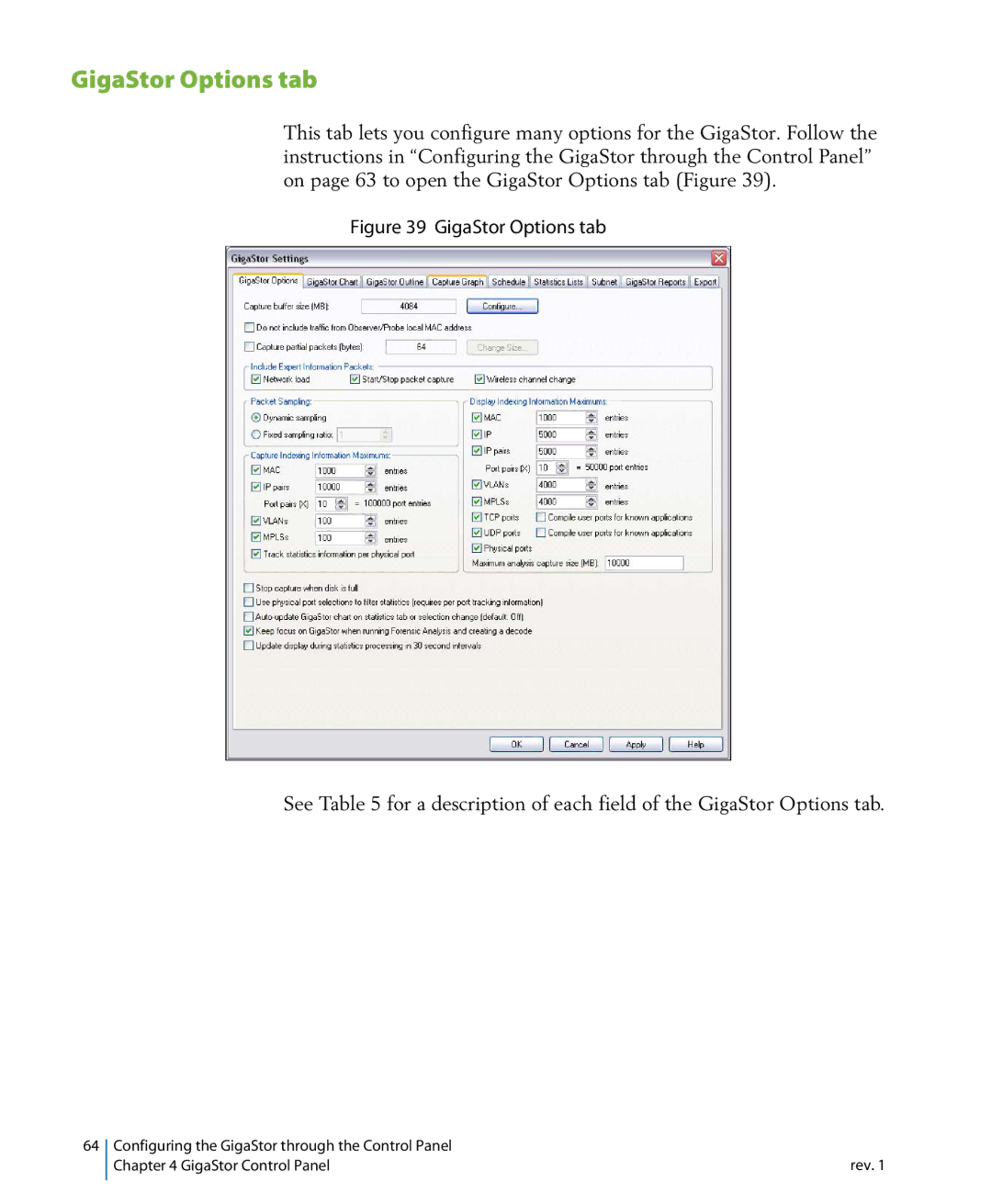 Network Instruments 114ff manual GigaStor Options tab 