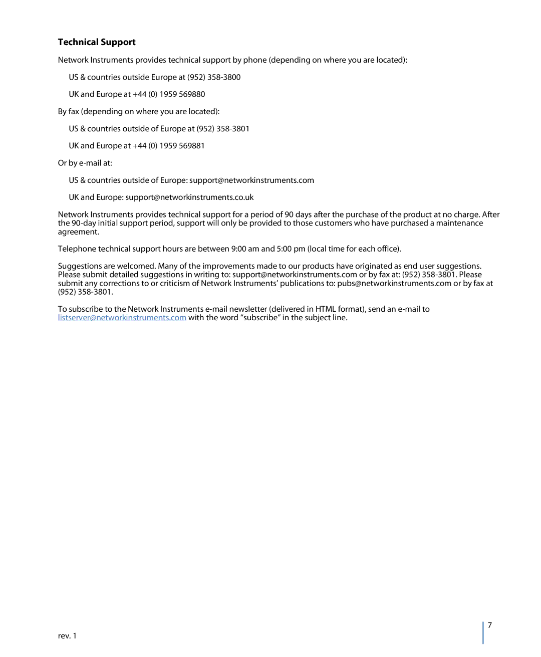 Network Instruments 114ff manual Technical Support 