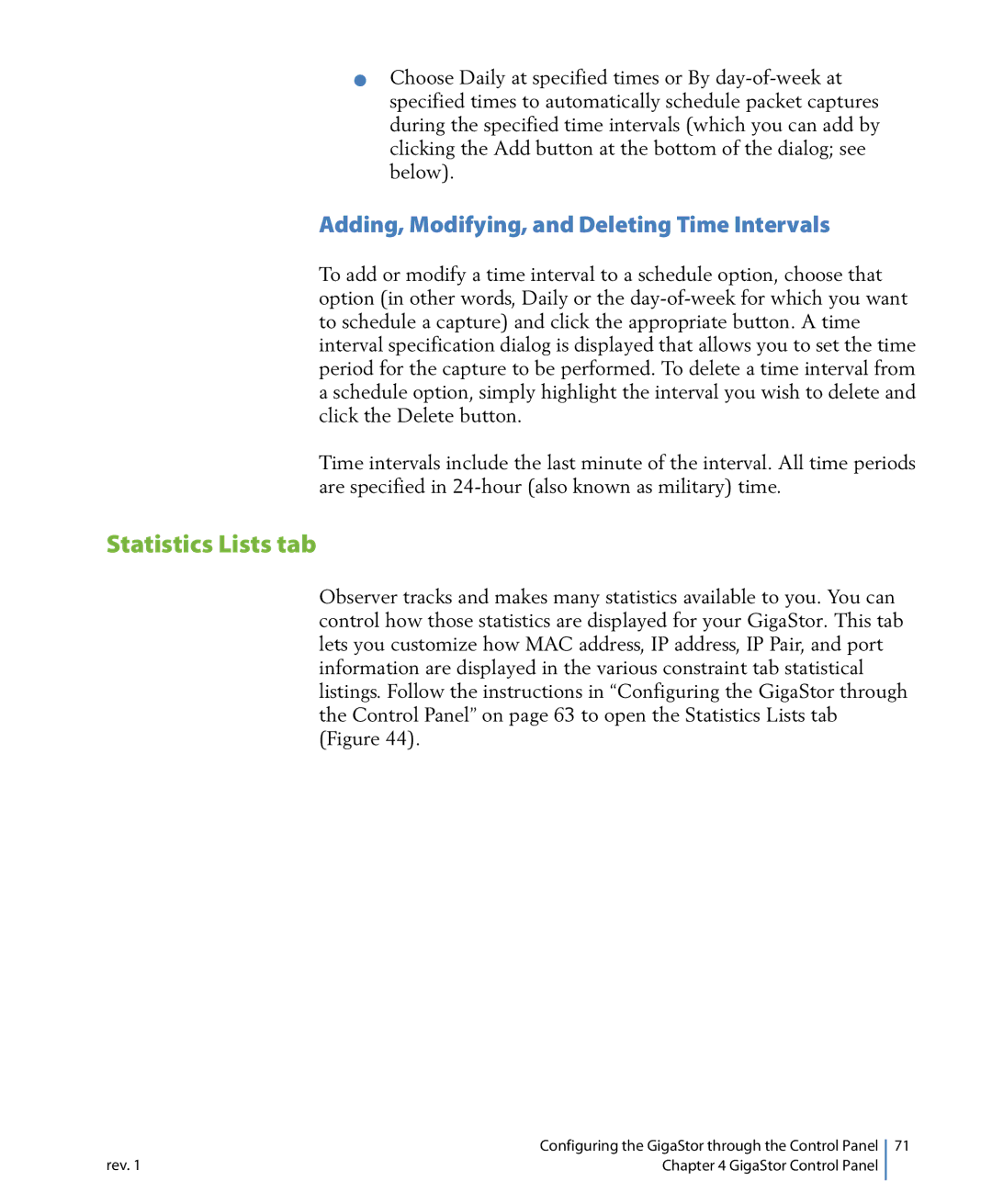 Network Instruments 114ff manual Statistics Lists tab, Adding, Modifying, and Deleting Time Intervals 