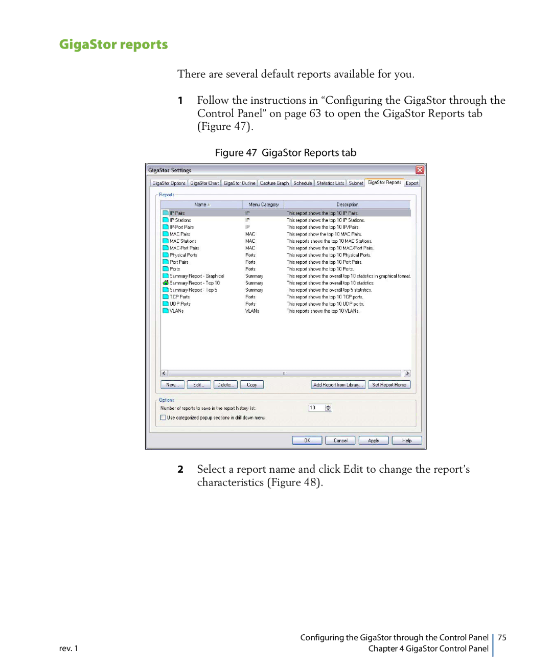 Network Instruments 114ff manual GigaStor reports, GigaStor Reports tab 