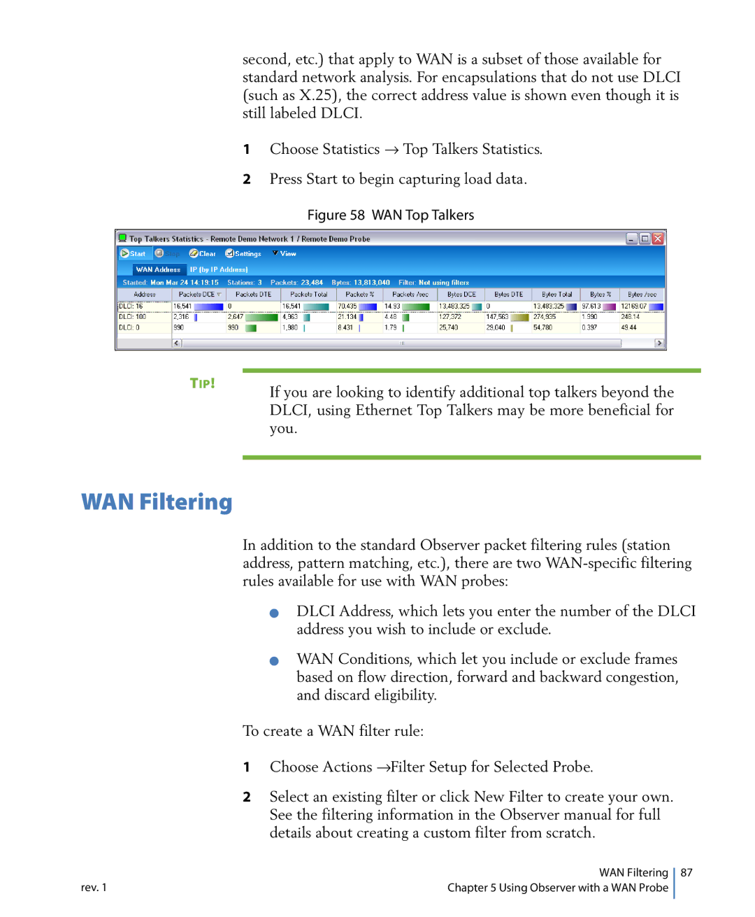Network Instruments 114ff manual WAN Filtering, Tip 