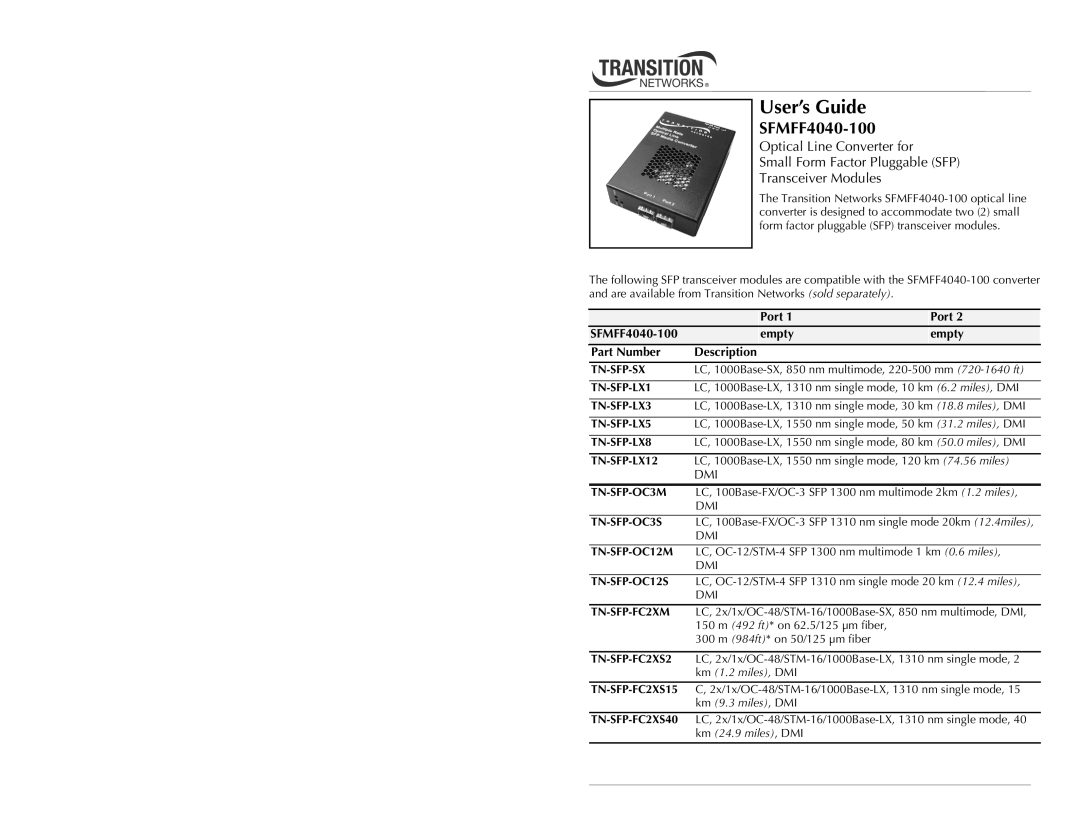 Network Instruments manual Port SFMFF4040-100 Empty Part Number Description 