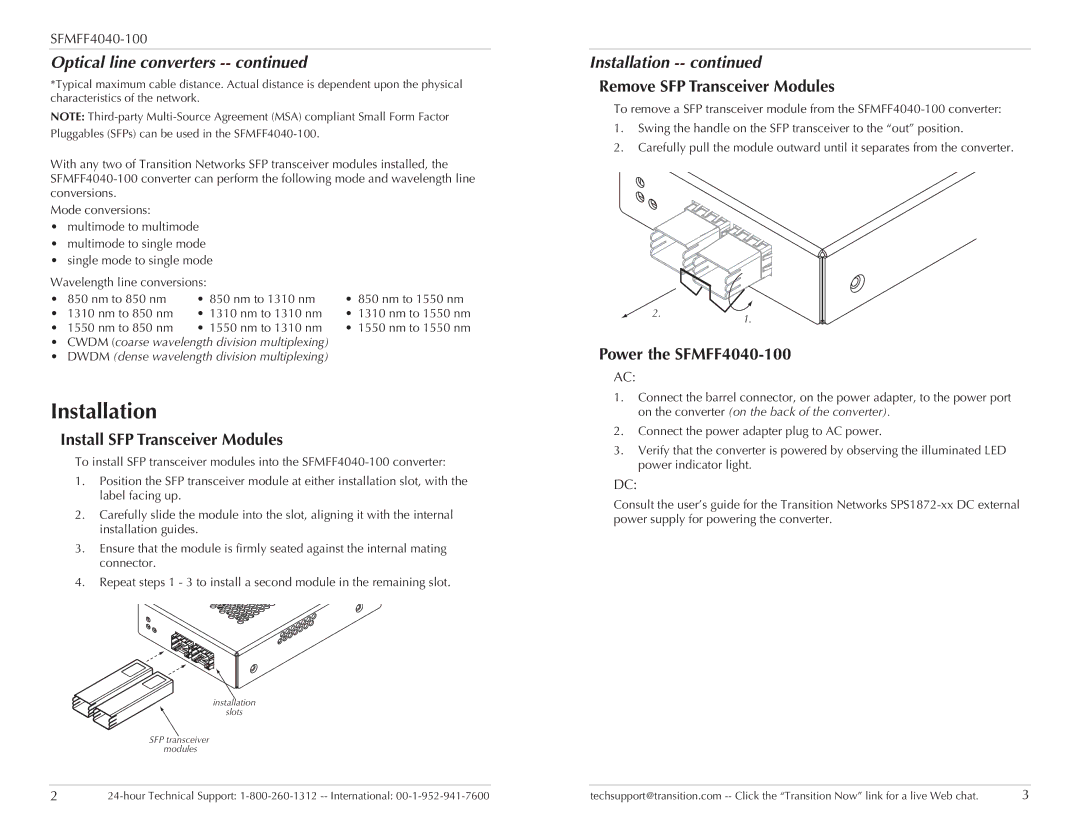 Network Instruments SFMFF4040-100 manual Installation, Install SFP Transceiver Modules, Remove SFP Transceiver Modules 