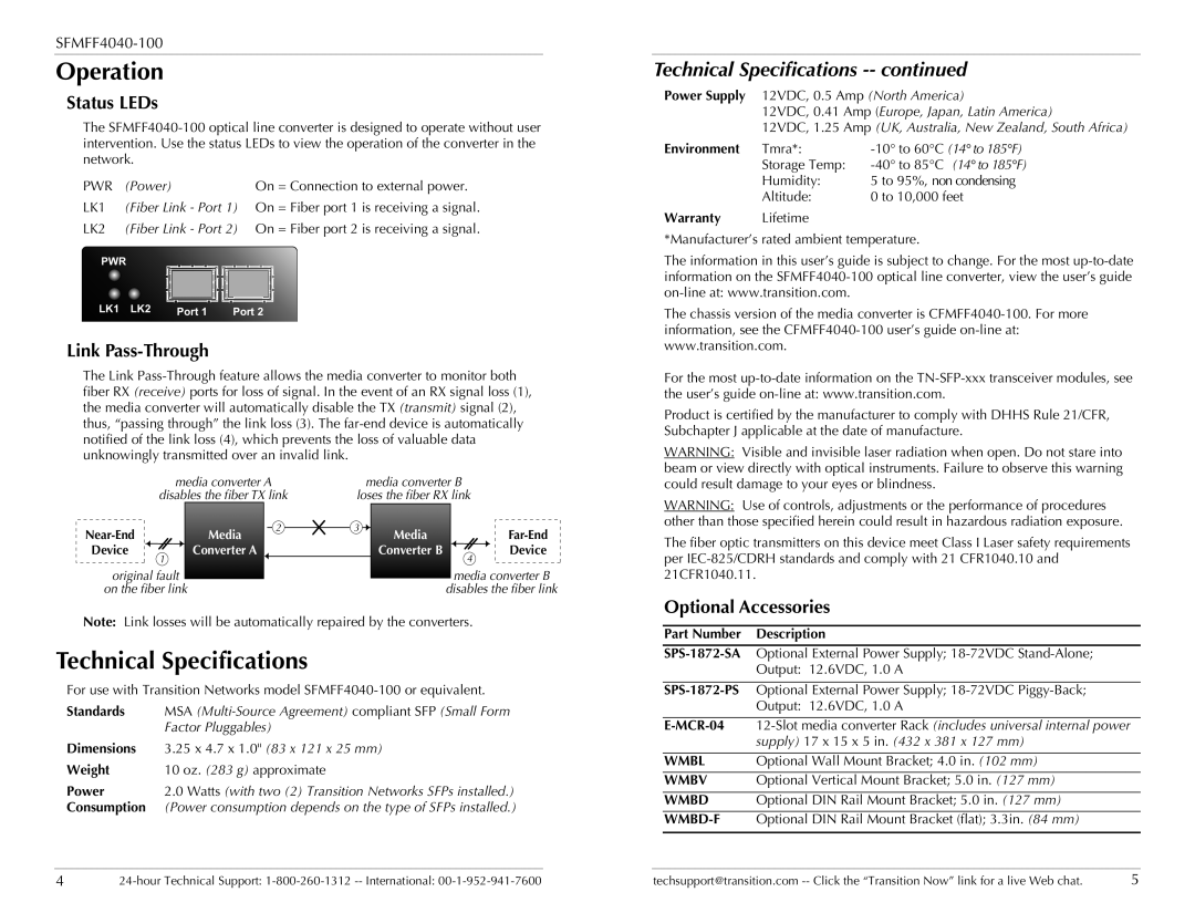 Network Instruments SFMFF4040-100 manual Operation, Technical Specifications, Status LEDs, Link Pass-Through 