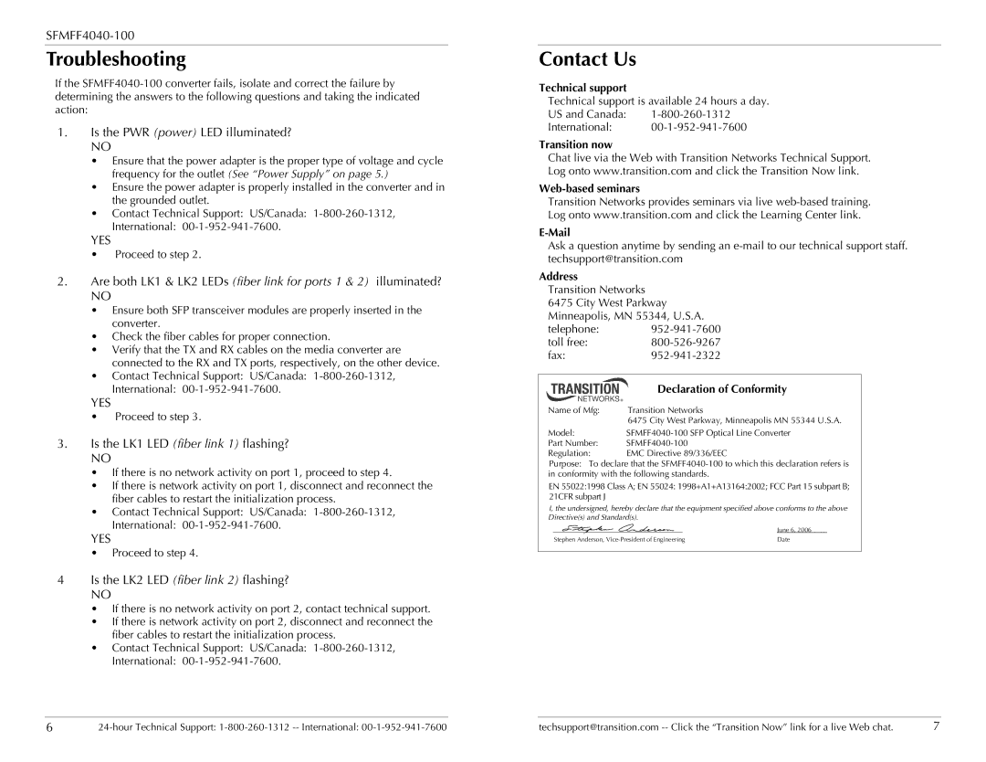 Network Instruments SFMFF4040-100 Troubleshooting, Contact Us, Technical support, Transition now Web-based seminars Mail 