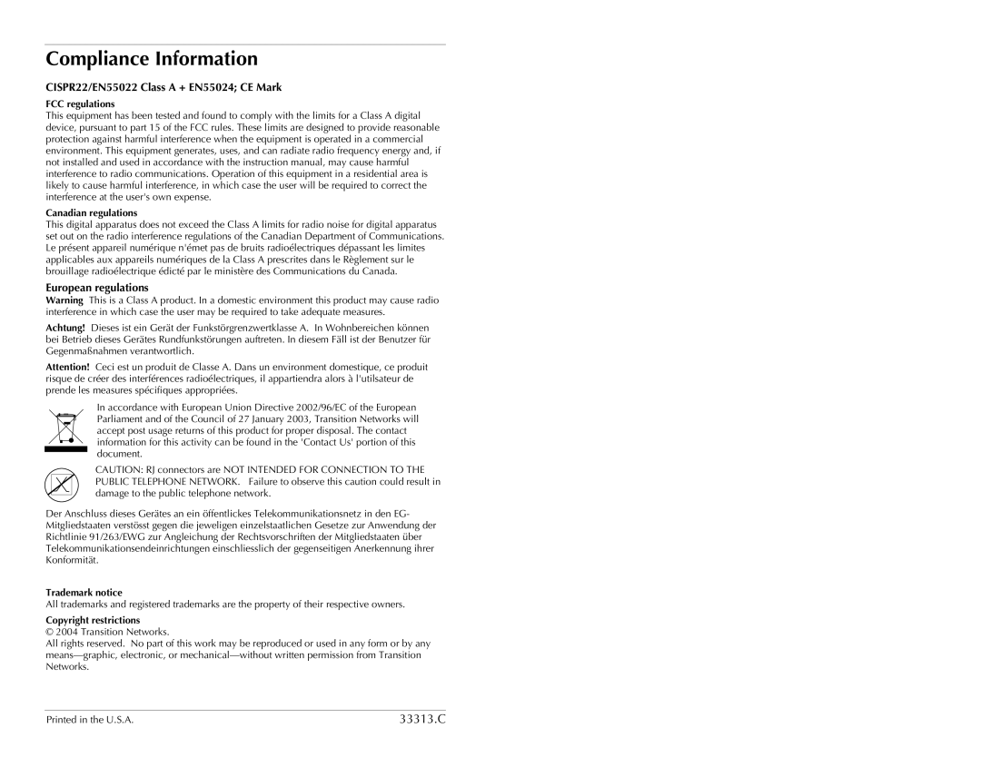 Network Instruments SFMFF4040-100 Compliance Information, CISPR22/EN55022 Class a + EN55024 CE Mark, European regulations 