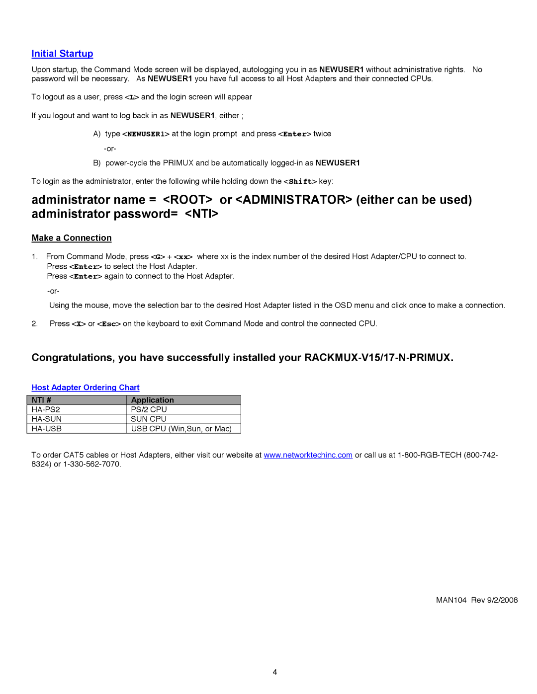 Network Technologies 17-N-PRIMUX, RACKMUX-V15 quick start Initial Startup, Make a Connection 