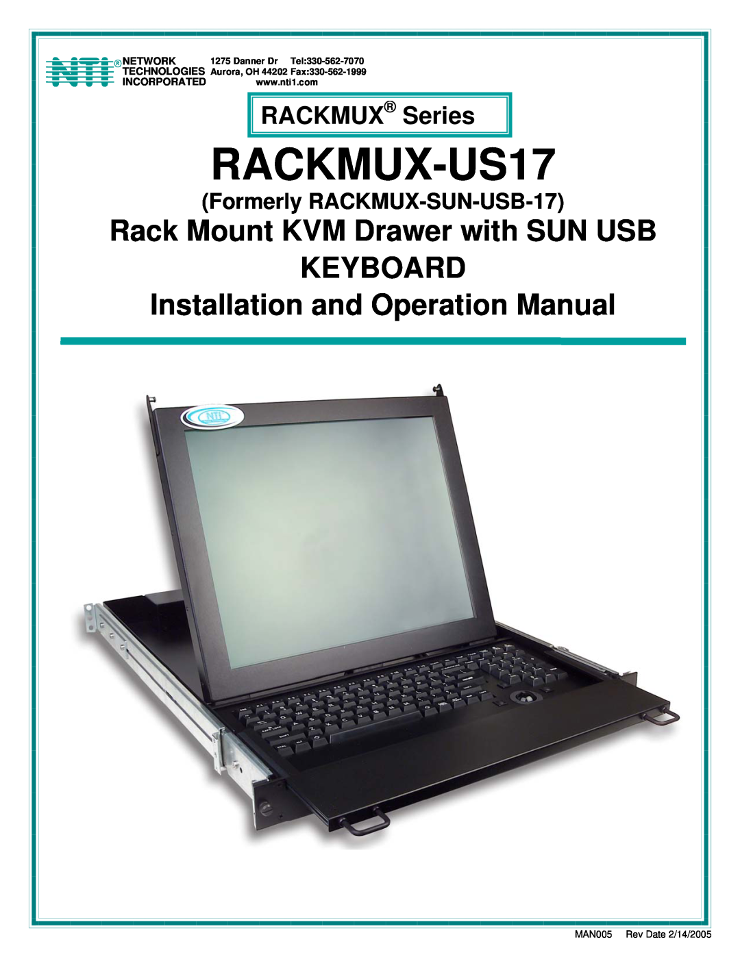 Network Technologies 2907 operation manual RACKMUX-US17, Rack Mount KVM Drawer with SUN USB, Keyboard, RACKMUX Series 