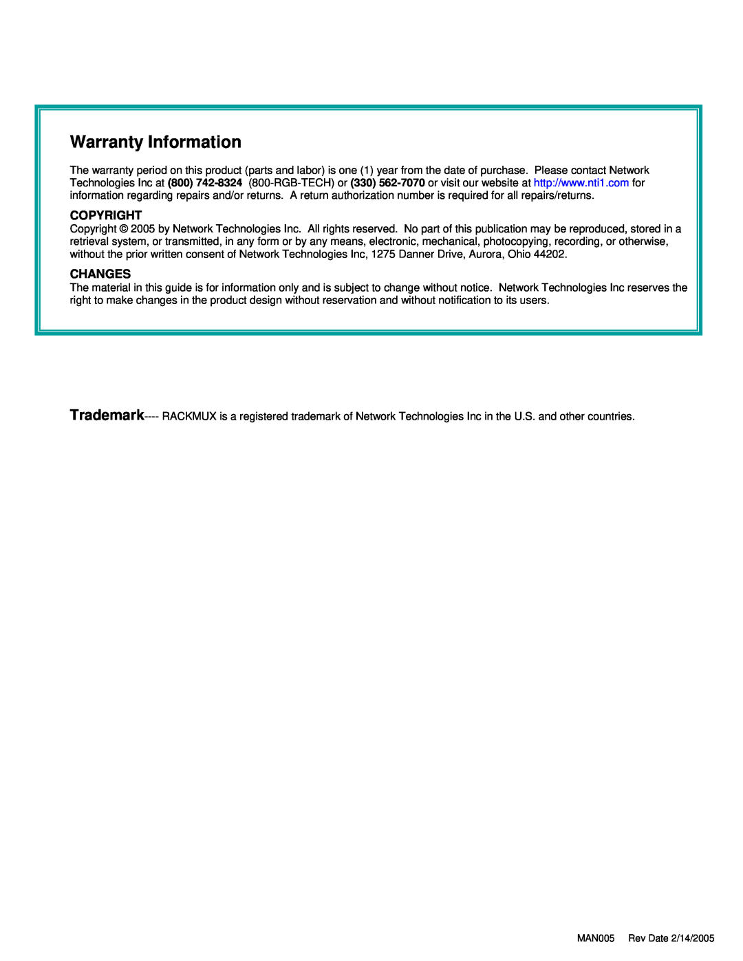 Network Technologies 2907 operation manual Copyright, Changes, Warranty Information 