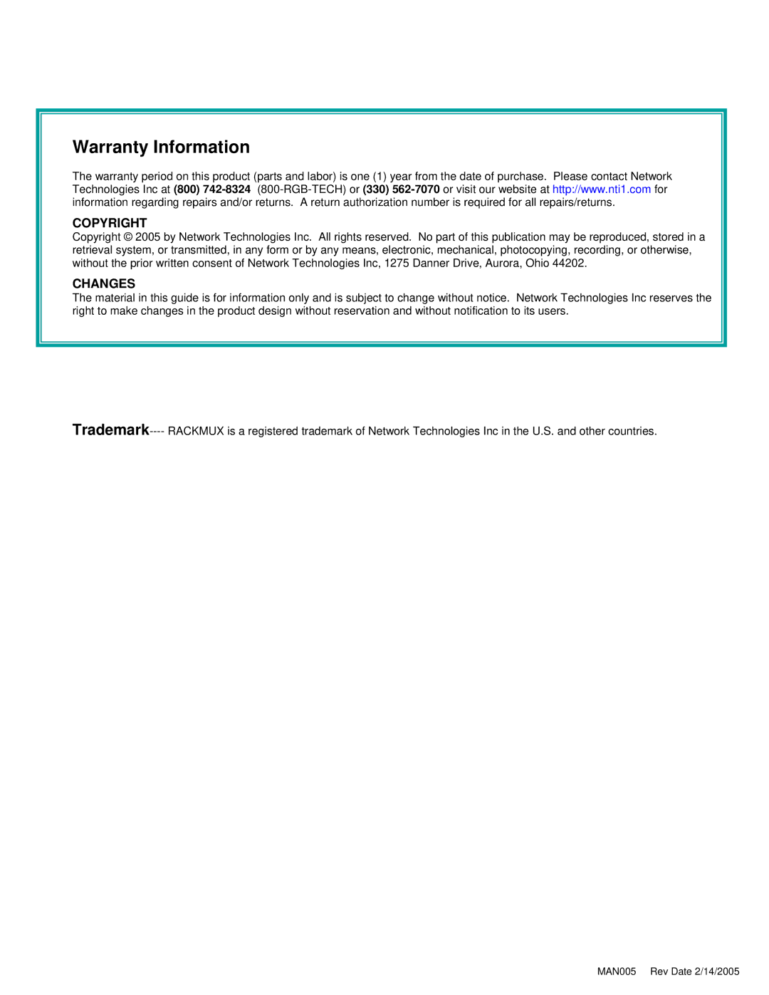 Network Technologies 2907 operation manual Copyright, Changes 