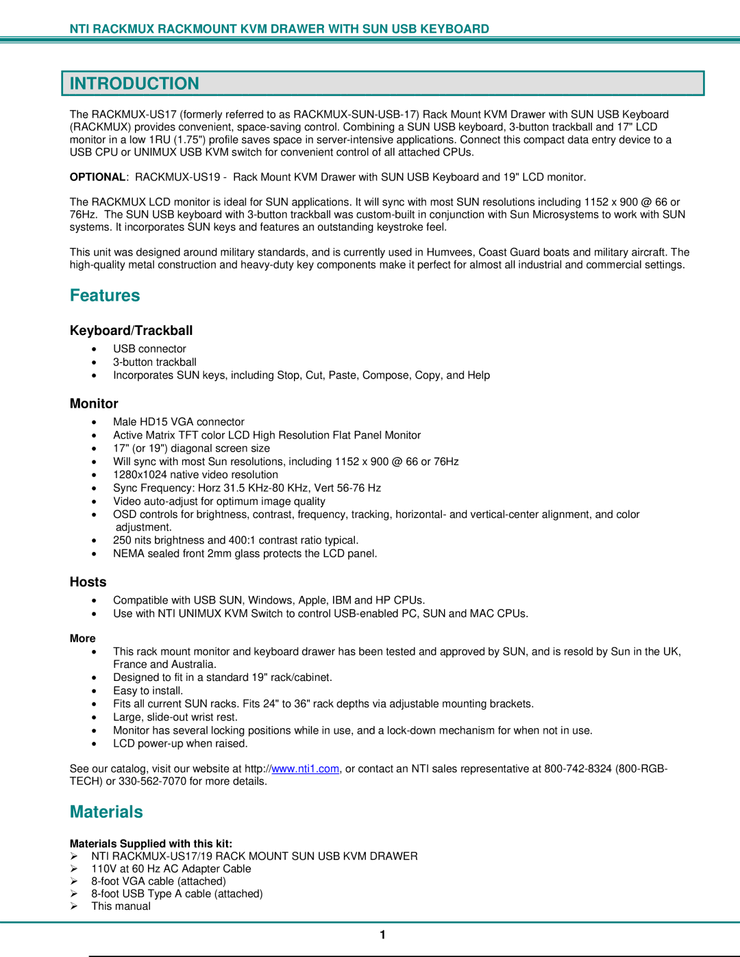 Network Technologies 2907 operation manual Introduction, Features, Materials 