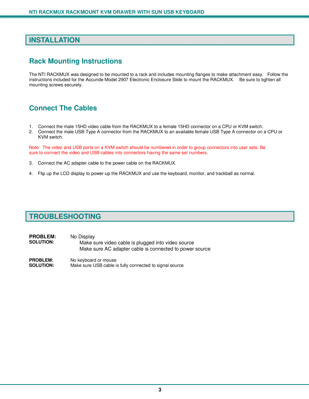 Network Technologies 2907 Installation, Rack Mounting Instructions, Connect The Cables, Troubleshooting, Problem 