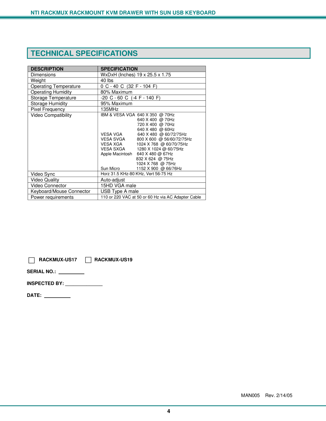 Network Technologies 2907 operation manual Technical Specifications, Description Specification 