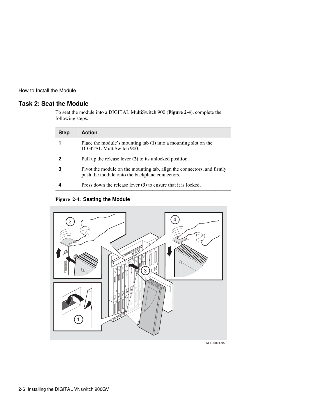 Network Technologies 900GV manual Task 2 Seat the Module, Step Action 