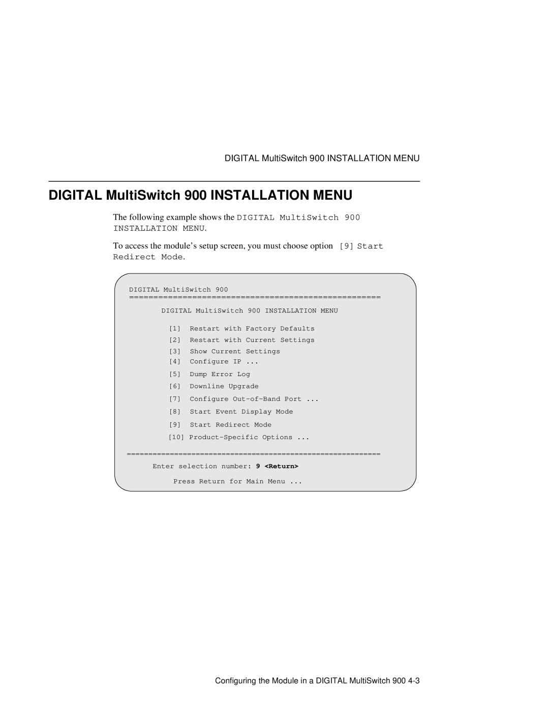 Network Technologies 900GV manual Digital MultiSwitch 900 Installation Menu, Redirect Mode 