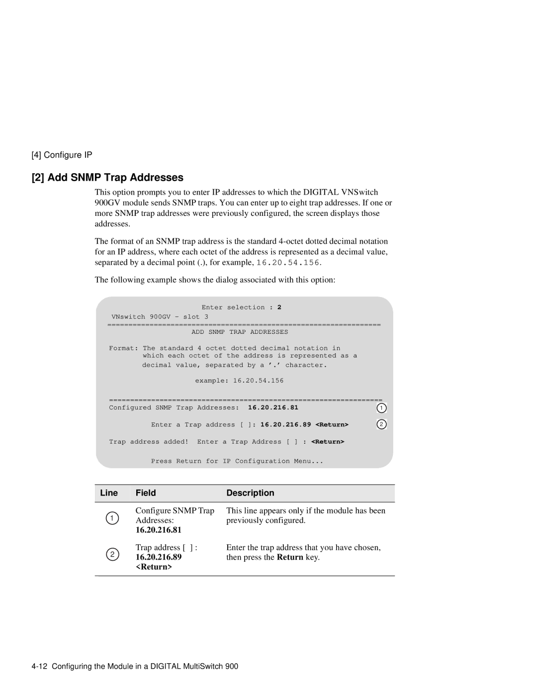 Network Technologies 900GV manual Add Snmp Trap Addresses, Line Field Description, ADD Snmp Trap Addresses 