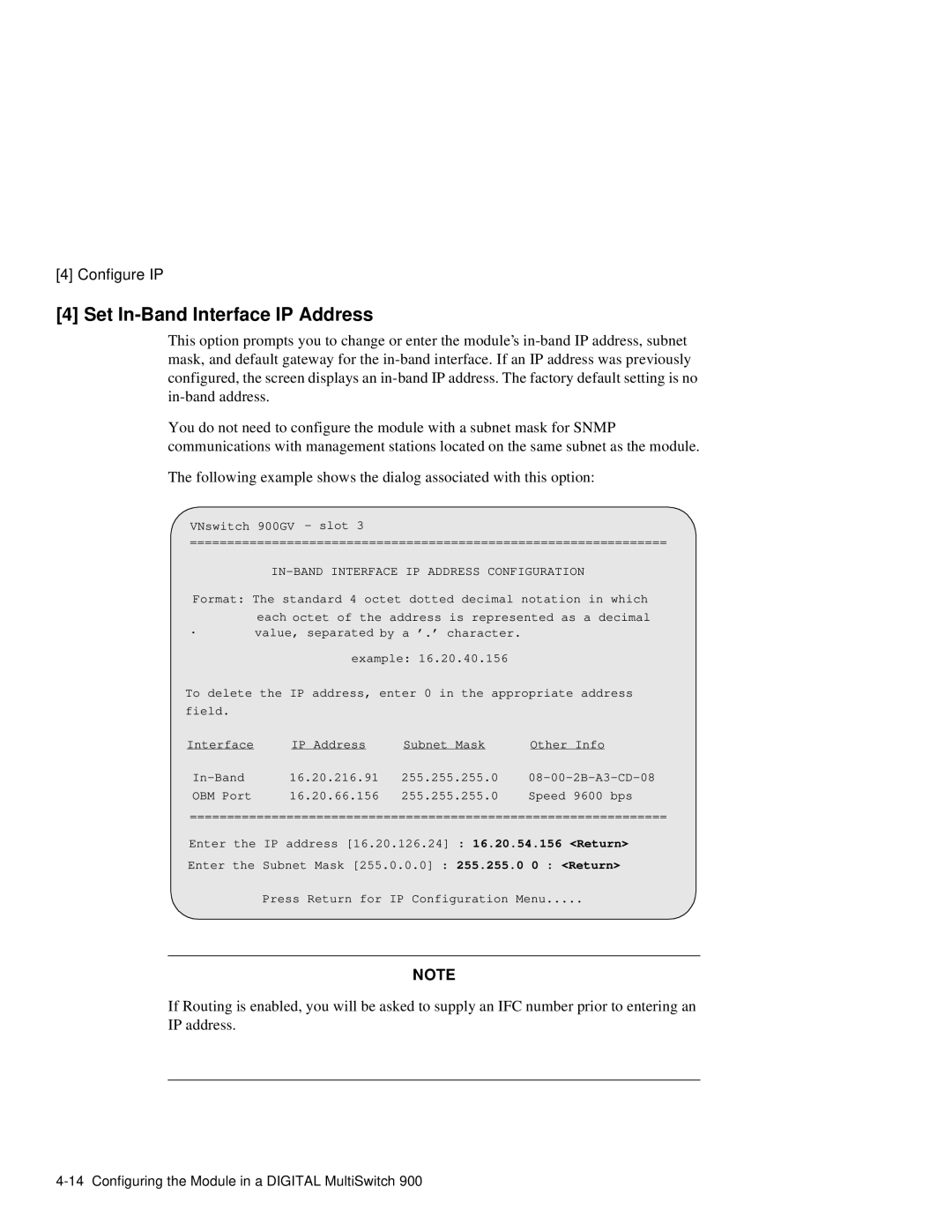 Network Technologies 900GV manual Set In-Band Interface IP Address, IN-BAND Interface IP Address Configuration 