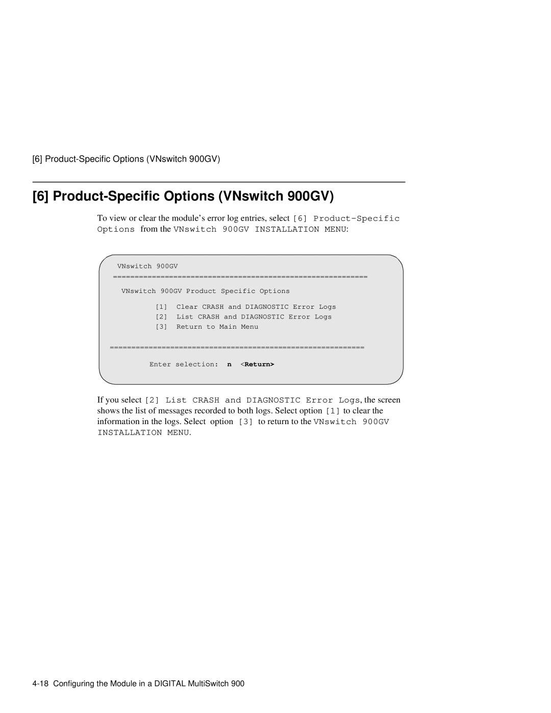 Network Technologies manual Product-Specific Options VNswitch 900GV, Options from the VNswitch 900GV Installation Menu 