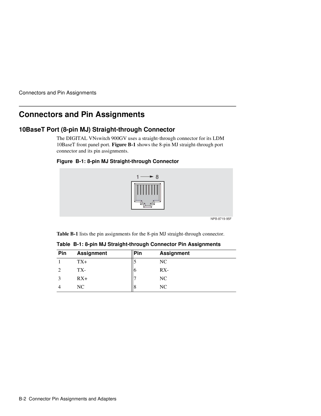 Network Technologies 900GV manual Connectors and Pin Assignments, 10BaseT Port 8-pin MJ Straight-through Connector 