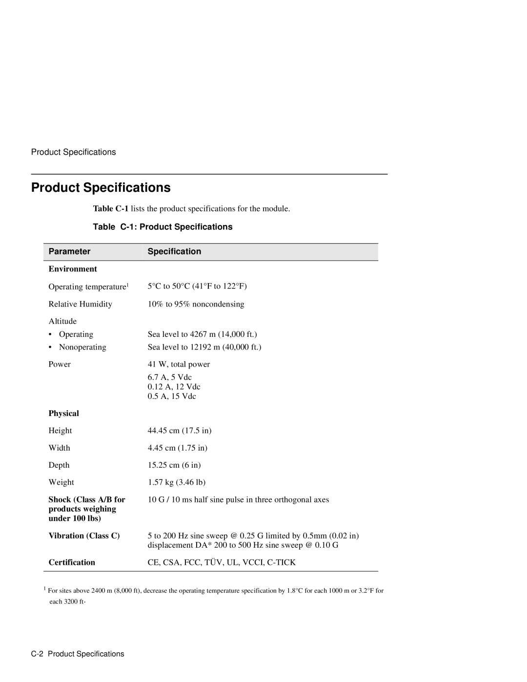 Network Technologies 900GV manual Table C-1 Product Specifications Parameter 