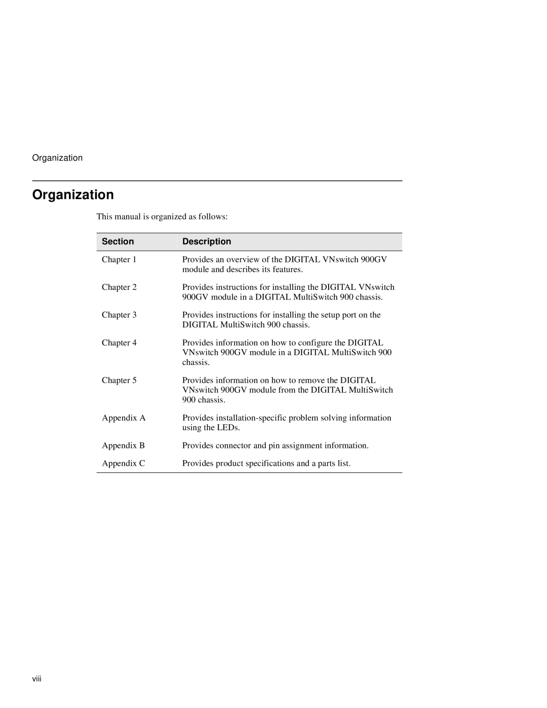 Network Technologies 900GV manual Organization, Section Description 