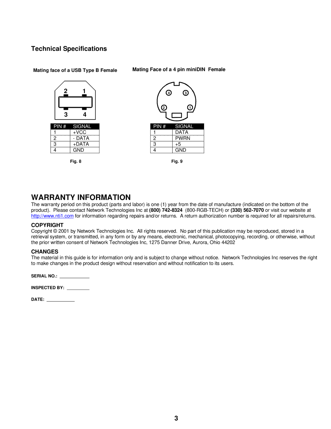 Network Technologies Adapter manual Technical Specifications, Copyright, Changes 