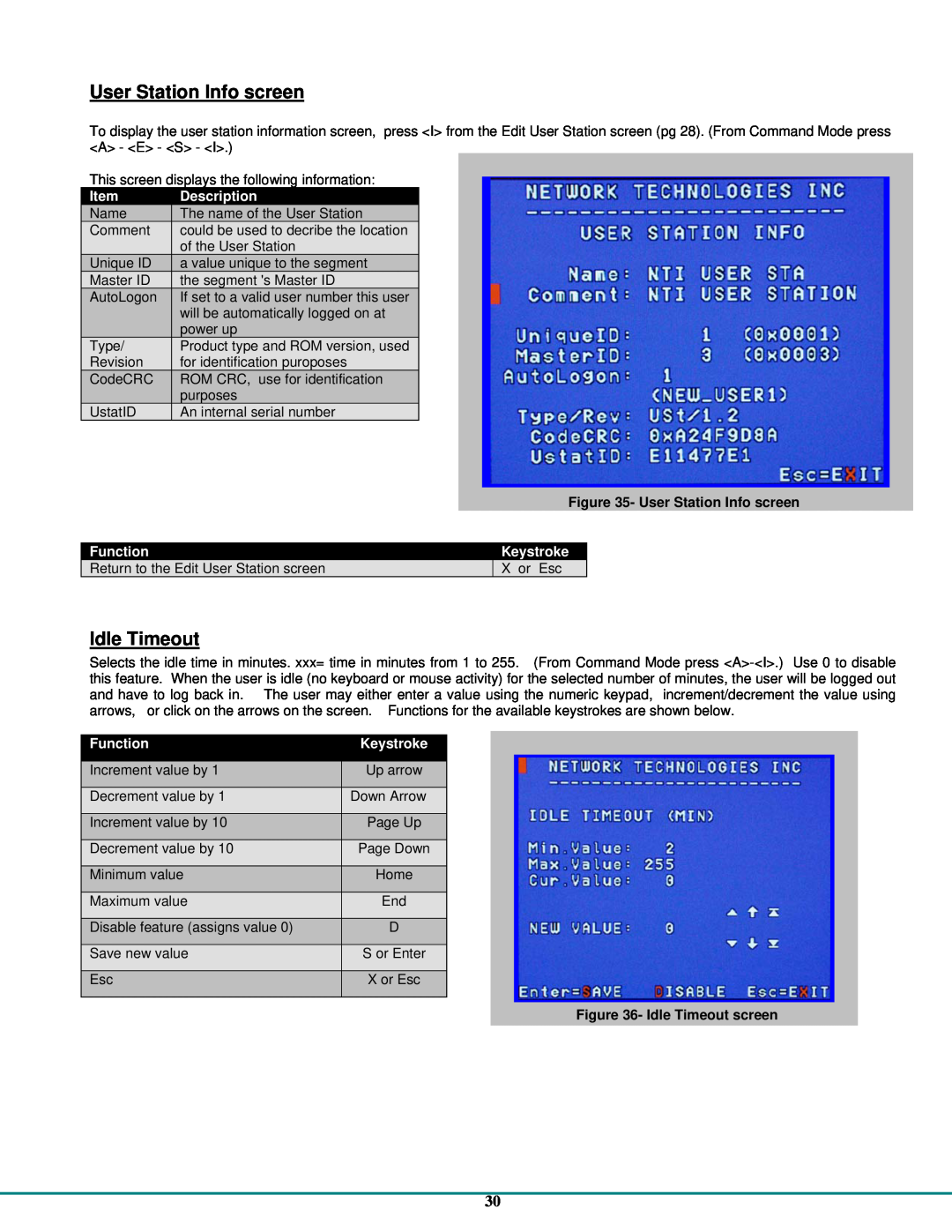 Network Technologies CAT5 User Station Info screen, Idle Timeout screen, Description, Function, Keystroke 