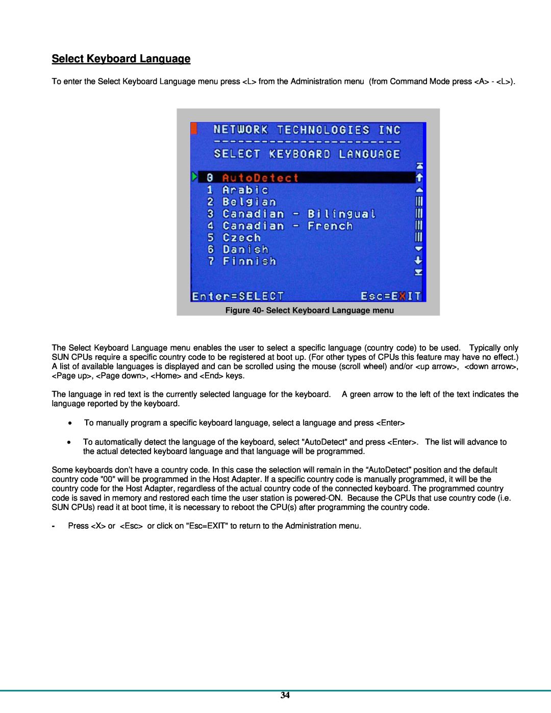 Network Technologies CAT5 operation manual Select Keyboard Language menu 
