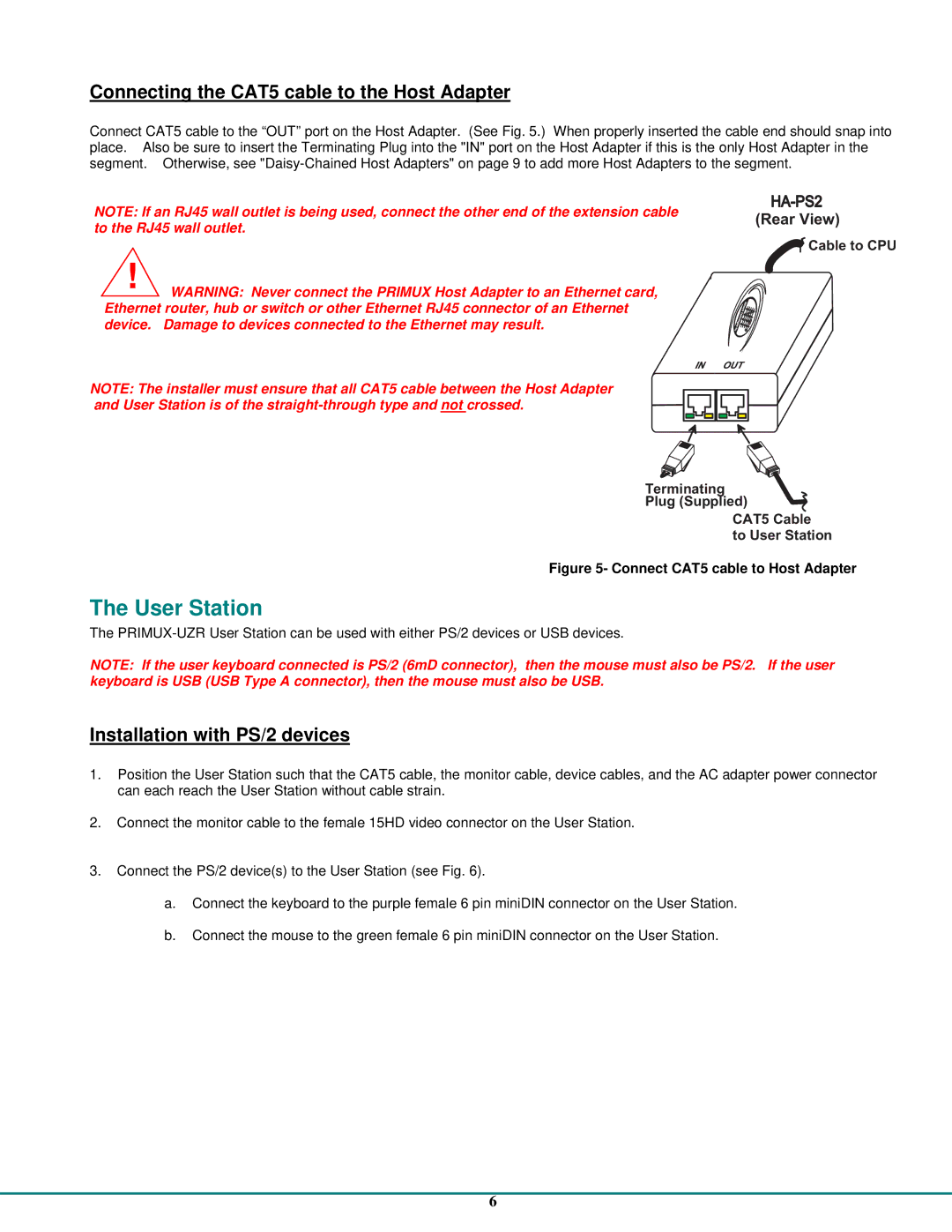 Network Technologies User Station, Connecting the CAT5 cable to the Host Adapter, Installation with PS/2 devices 