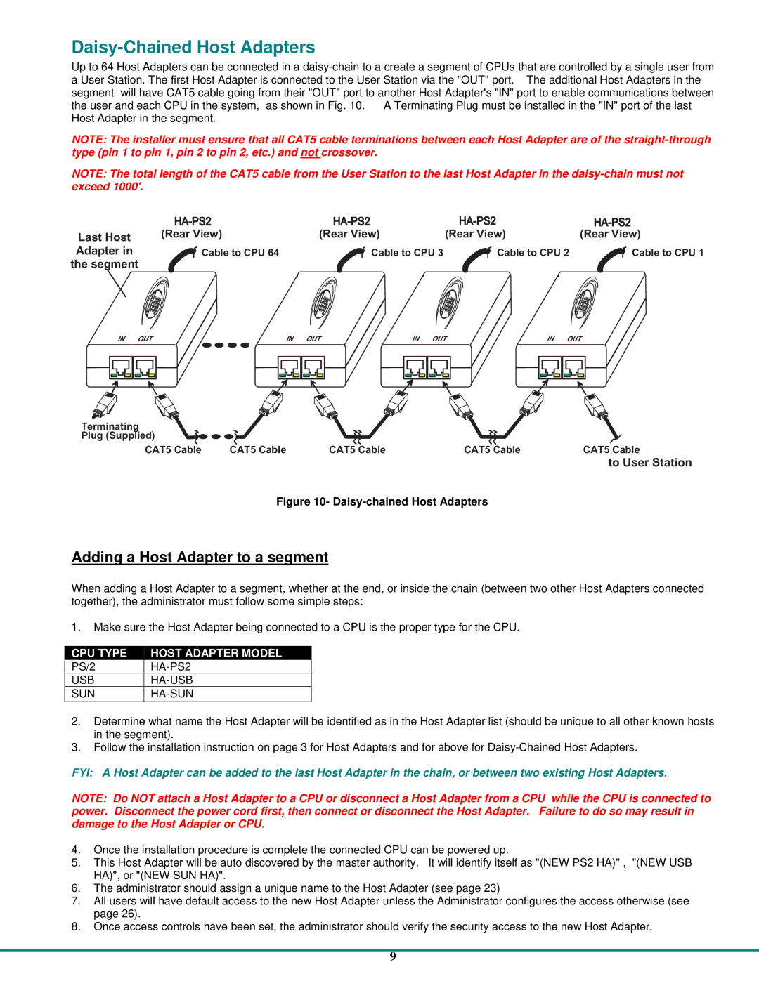 Network Technologies CAT5 Daisy-Chained Host Adapters, Adding a Host Adapter to a segment, HA-PS2, Usb Ha-Usb Sun Ha-Sun 