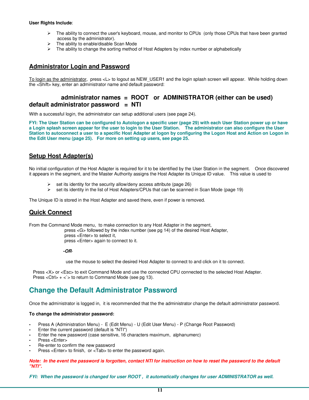 Network Technologies CAT5 Change the Default Administrator Password, Administrator Login and Password, Setup Host Adapters 