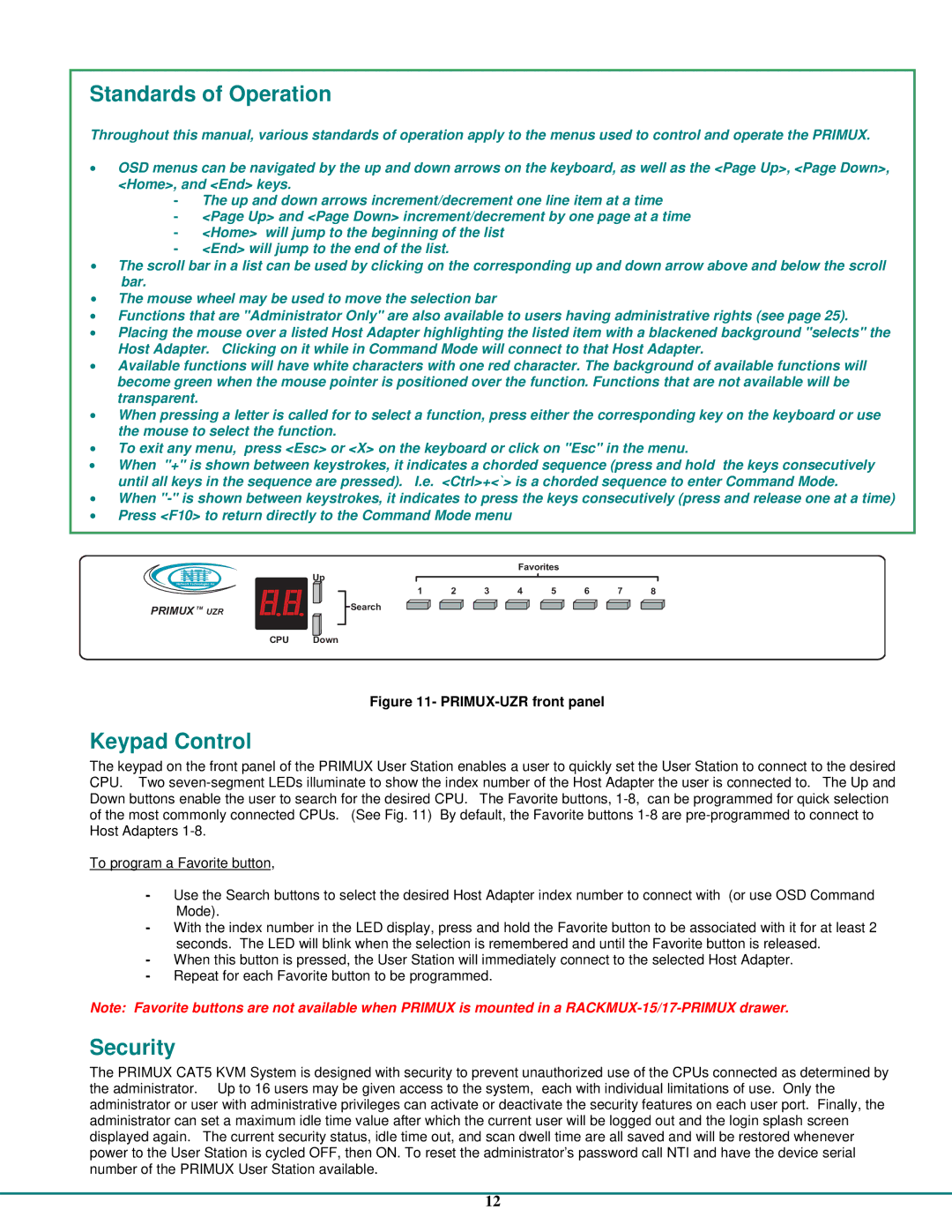 Network Technologies CAT5 operation manual Standards of Operation, Keypad Control, Security 