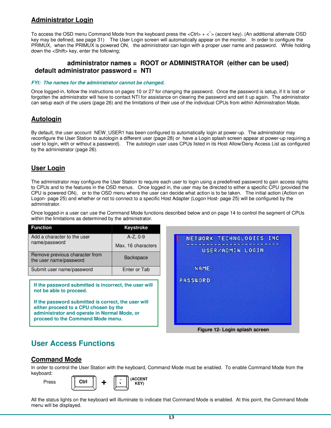 Network Technologies CAT5 operation manual User Access Functions, Administrator Login, Autologin, User Login, Command Mode 