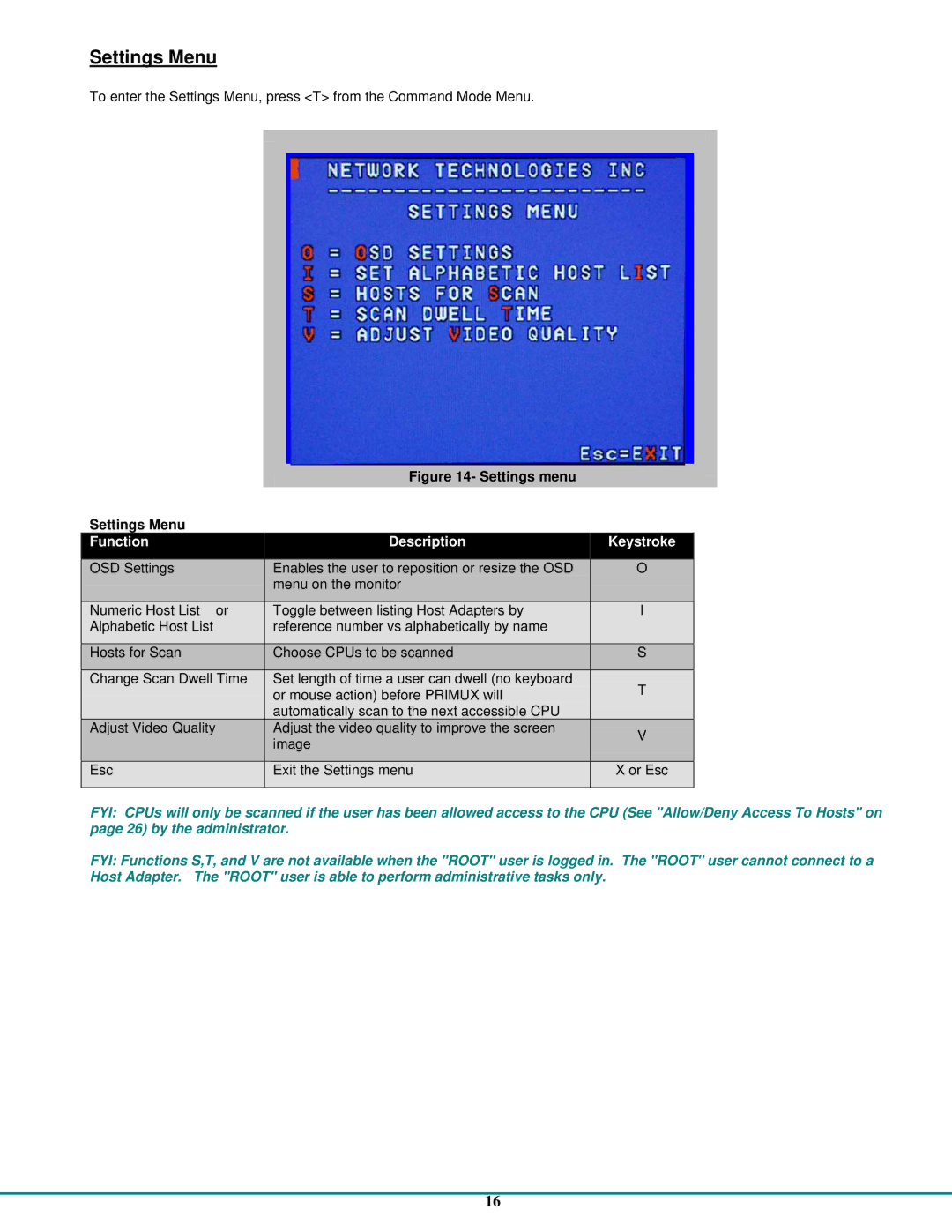 Network Technologies CAT5 operation manual Settings Menu, Function Description 