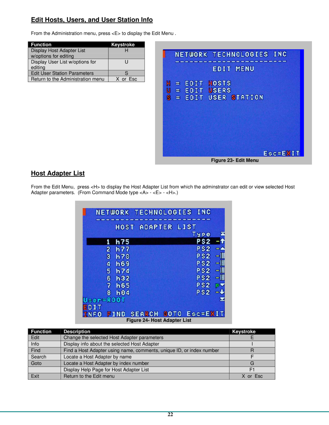 Network Technologies CAT5 operation manual Edit Hosts, Users, and User Station Info, Host Adapter List 