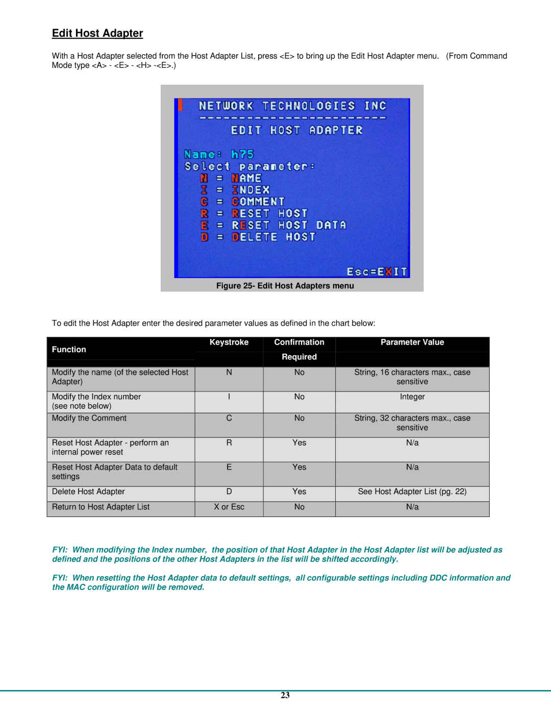 Network Technologies CAT5 operation manual Edit Host Adapter, Function Keystroke Confirmation Parameter Value Required 