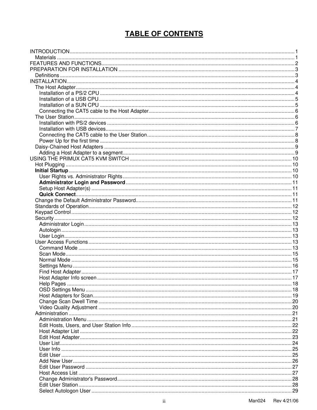 Network Technologies CAT5 operation manual Table of Contents 