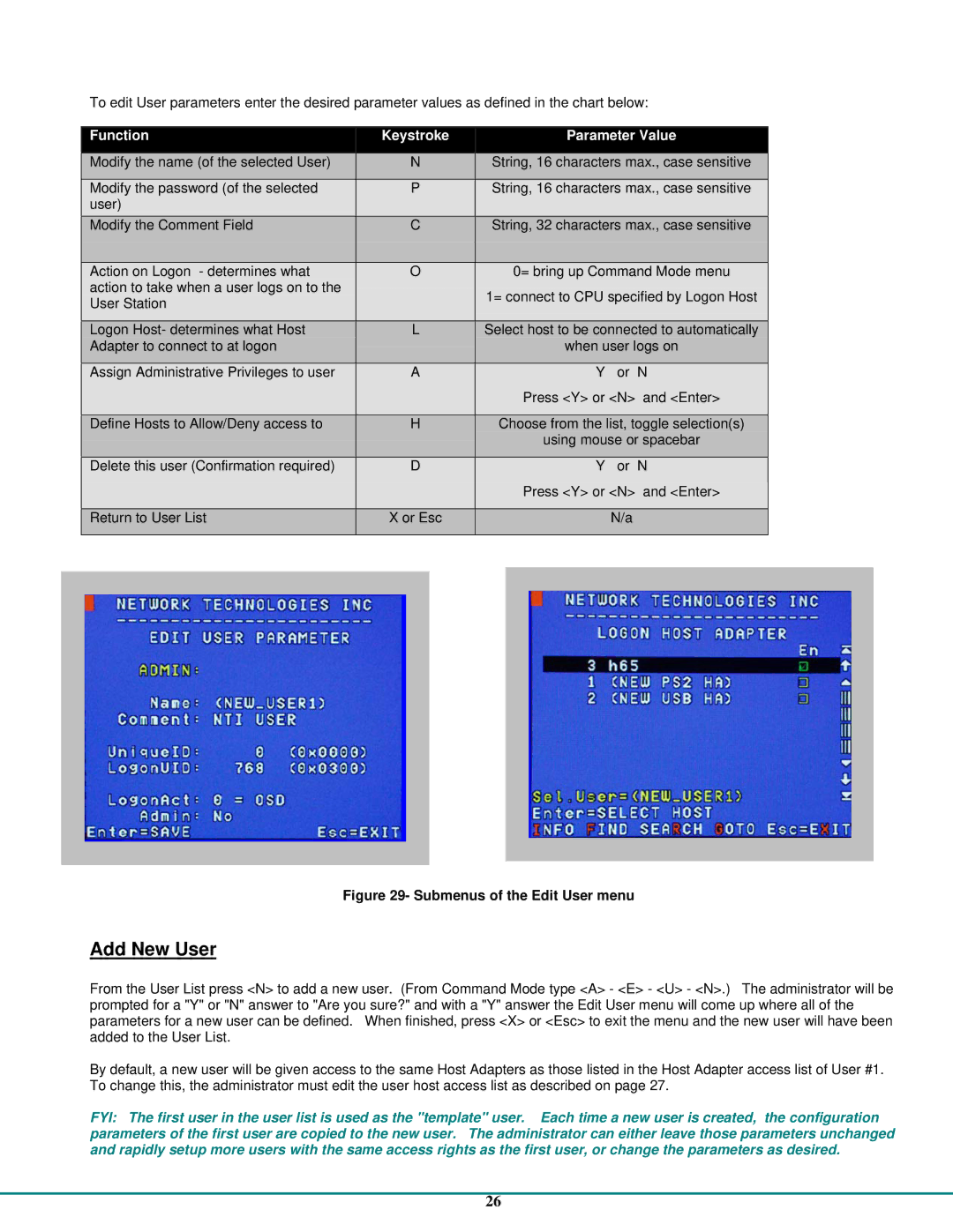 Network Technologies CAT5 operation manual Add New User, Function Keystroke Parameter Value 