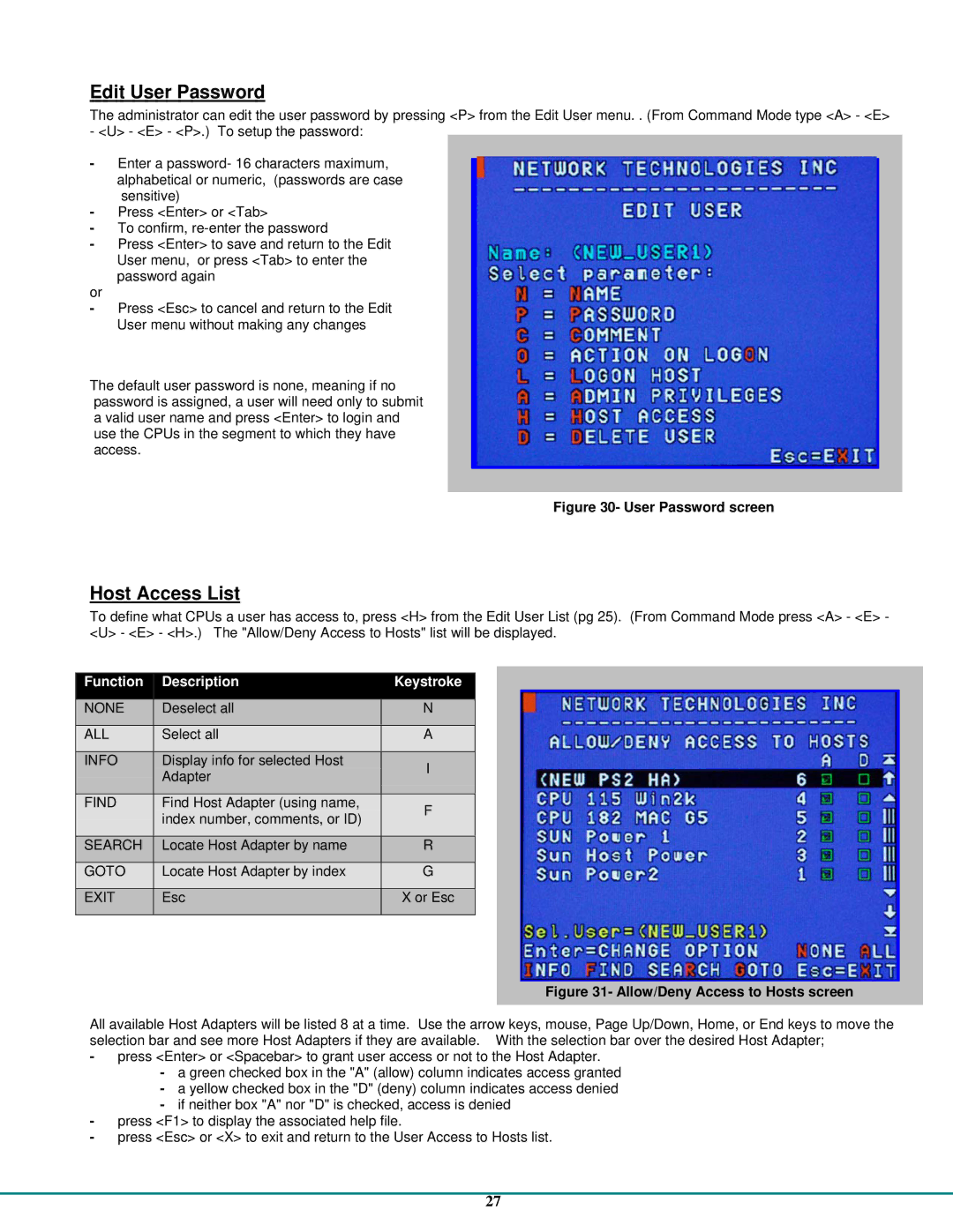 Network Technologies CAT5 operation manual Edit User Password, Host Access List 