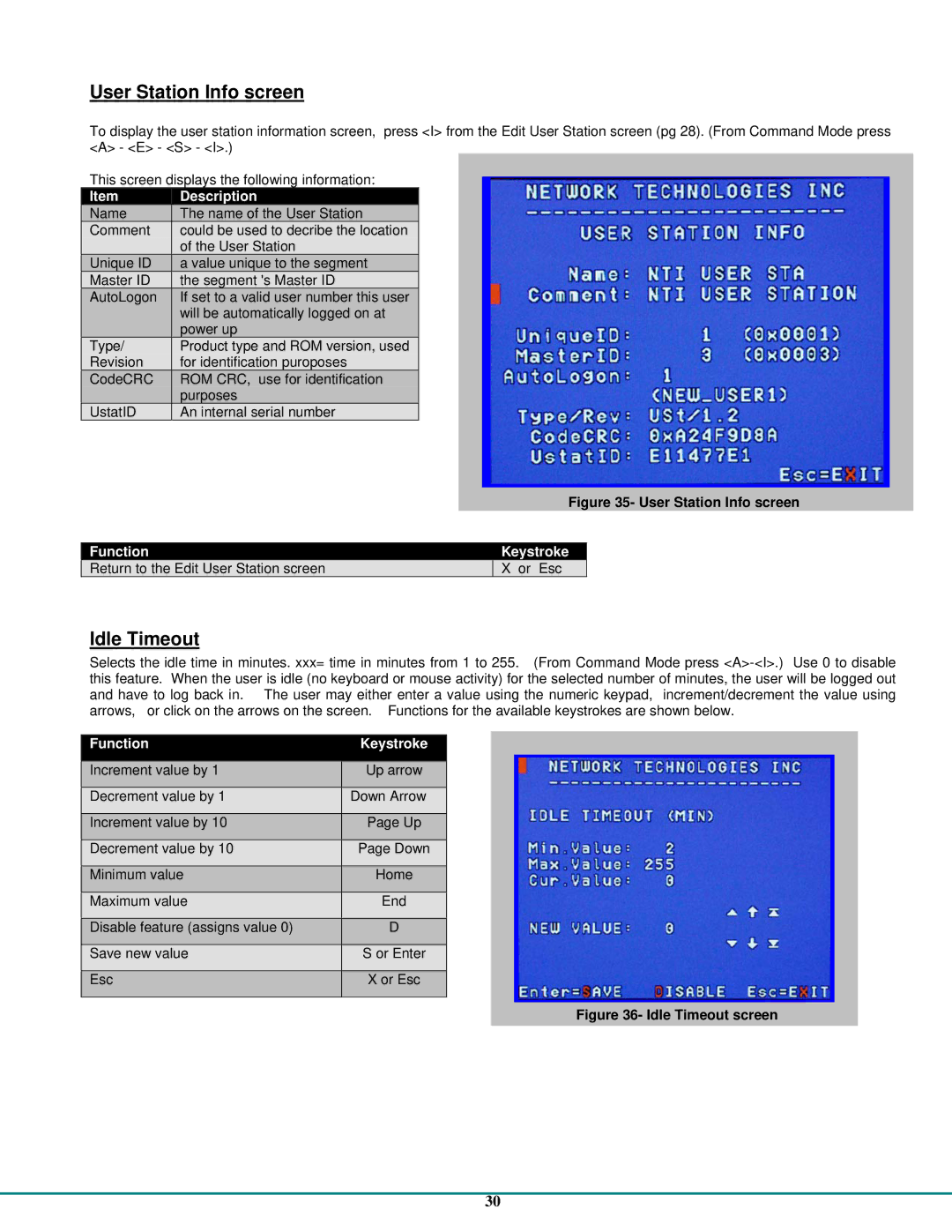 Network Technologies CAT5 operation manual User Station Info screen, Idle Timeout 