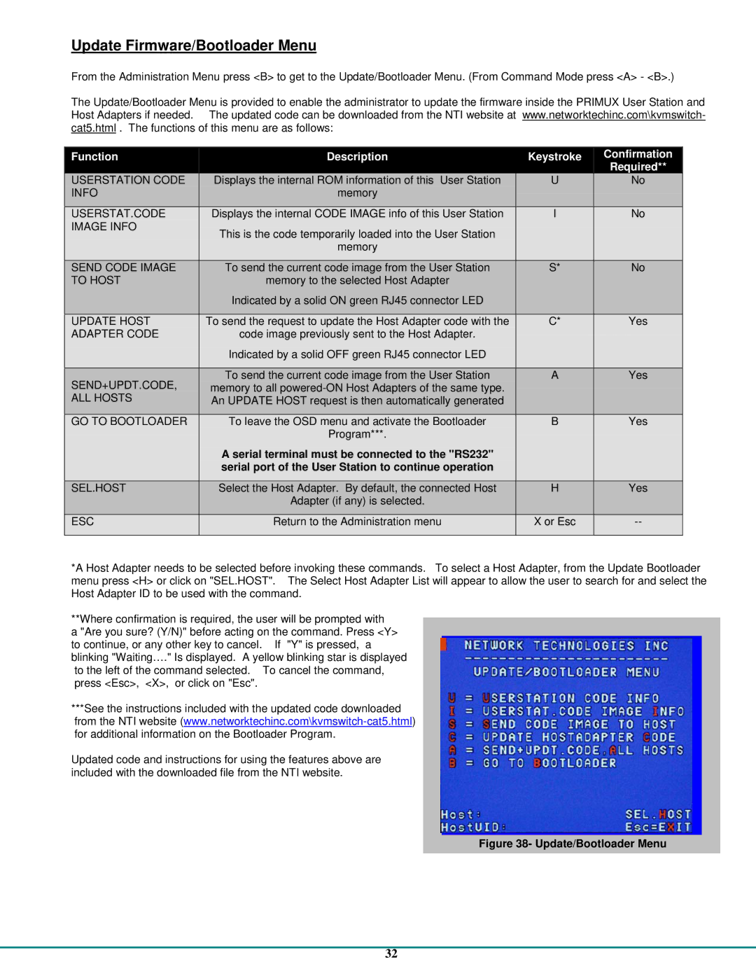 Network Technologies CAT5 Update Firmware/Bootloader Menu, Function Description Keystroke Confirmation Required 