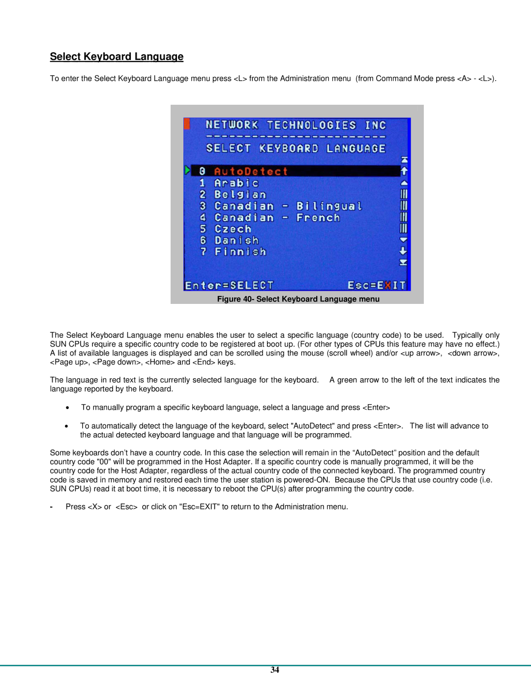 Network Technologies CAT5 operation manual Select Keyboard Language menu 