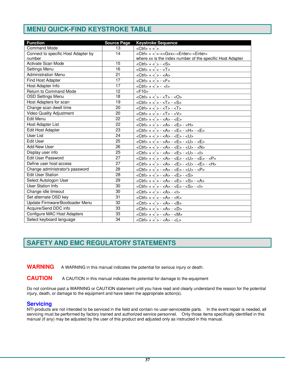 Network Technologies CAT5 operation manual Menu QUICK-FIND Keystroke Table, Safety and EMC Regulatory Statements 