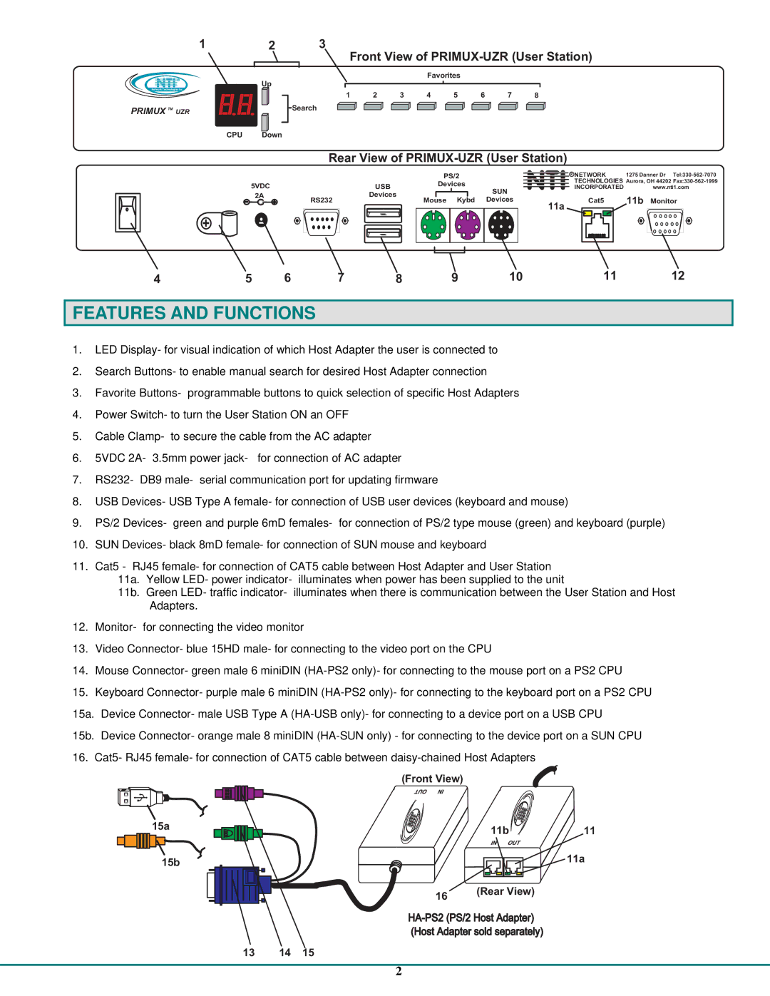 Network Technologies CAT5 operation manual Features and Functions, Nti 