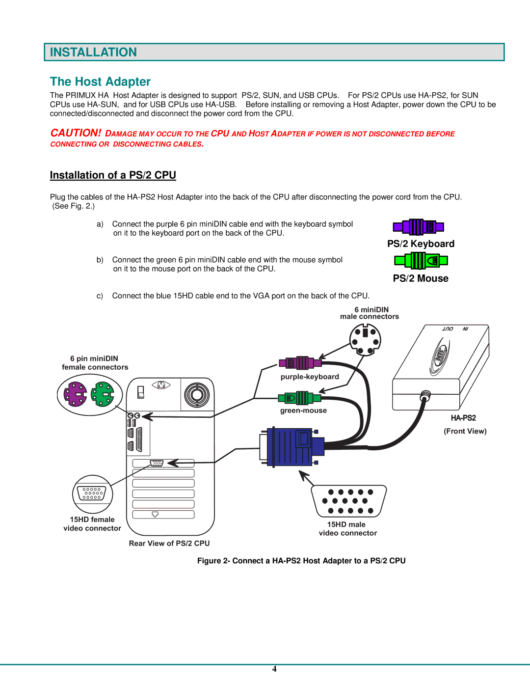 Network Technologies CAT5 operation manual Host Adapter, Installation of a PS/2 CPU 