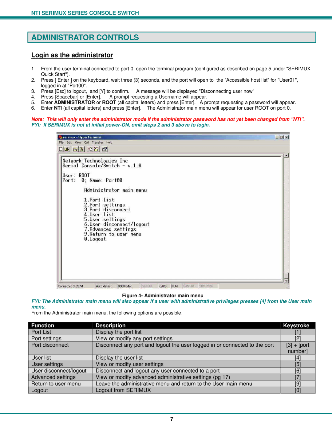 Network Technologies Console Switch operation manual Administrator Controls, Login as the administrator 