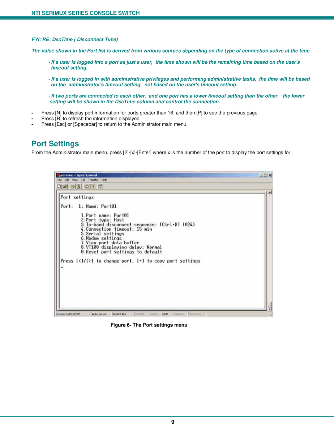 Network Technologies Console Switch operation manual Port Settings, Port settings menu 