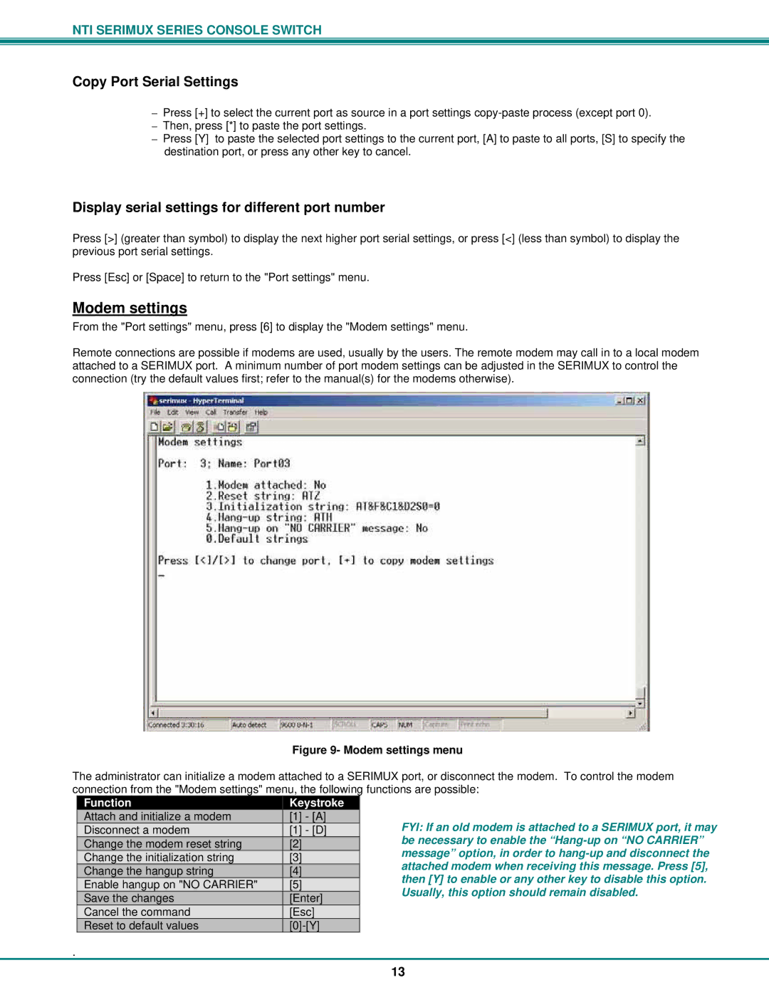 Network Technologies Console Switch operation manual Modem settings, Copy Port Serial Settings 