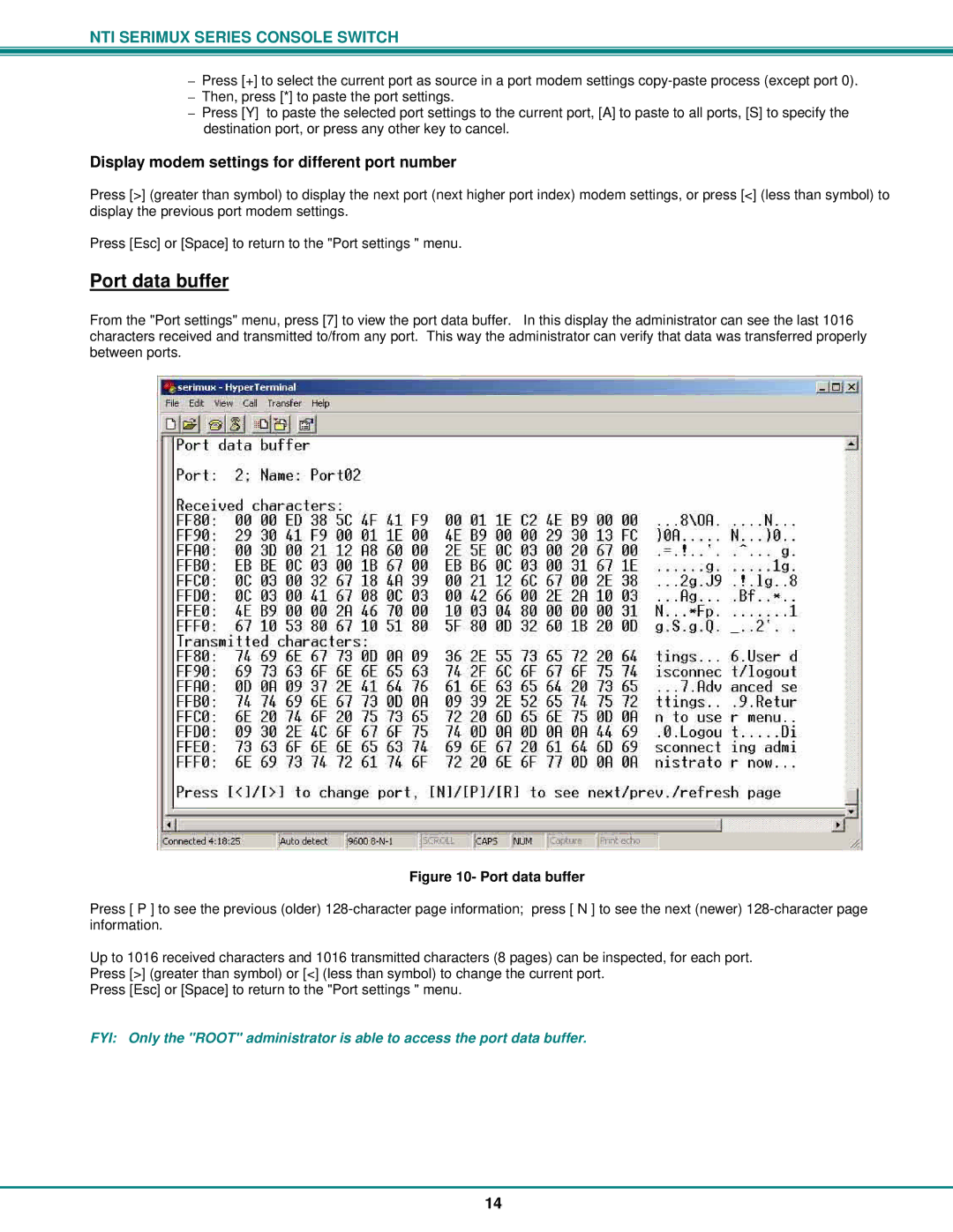 Network Technologies Console Switch operation manual Port data buffer, Display modem settings for different port number 