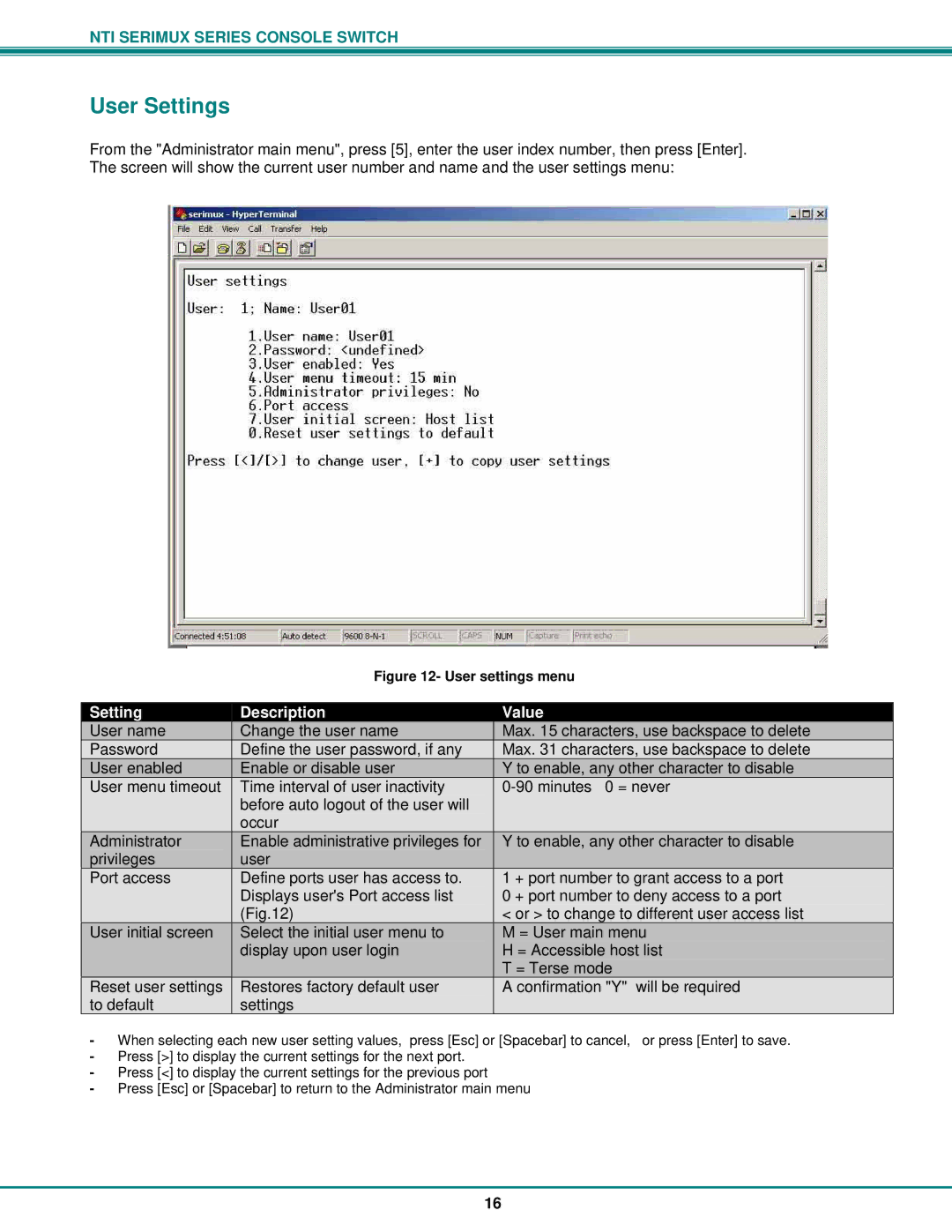 Network Technologies Console Switch operation manual User Settings, User settings menu 